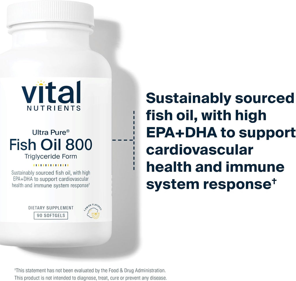 Vital Nutrients Ultra Pure® Fish Oil 800 Triglyceride Form | Heart, Brain, & Immune Health* | Sustainably Sourced High EPA & DHA Omega-3 Fatty Acid | Lemon Flavor | Gluten, Dairy, Soy Free | 90 Count