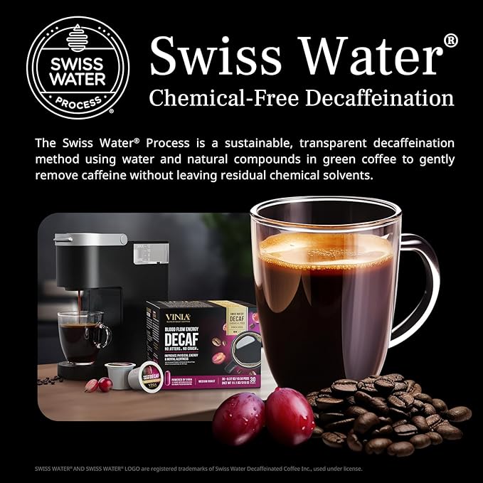 VINIA Decaf Medium Dark Roast with Red Grape Piceid Resveratrol, Nitric Oxide for Heart Health, Alertness, Physical Energy & Blood Flow Circulation. 60ct K-Cup Pods