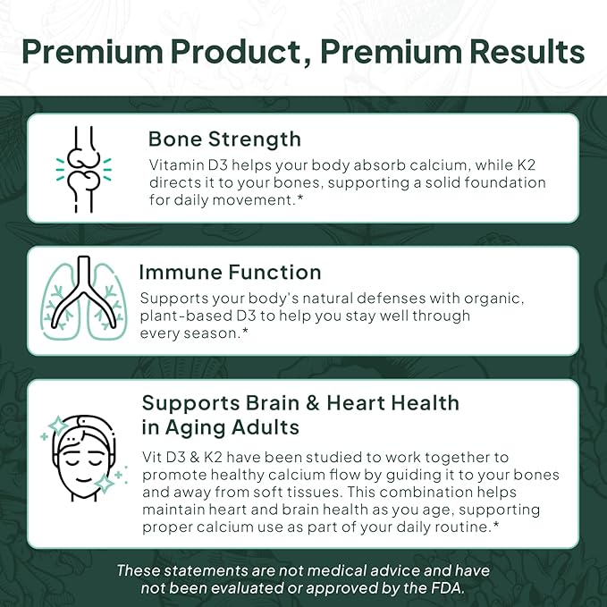 Organics Ocean Better D3 + K2-100% Organic VIT D3 and K2 Supplements with Maximum Bioavailability - Supports Bone Density, Calcium Balance, Immunity & Mood - 4-Pack, 120-Day Supply