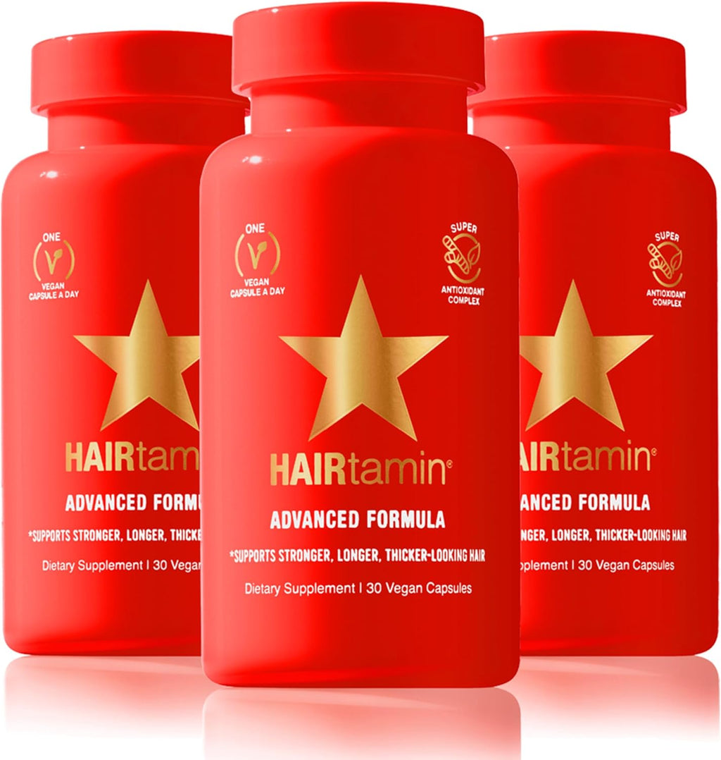 HAIRtamin Advanced Formula Hair Growth Supplement for Women & Men, Supports Stronger, Longer, Visibly Thicker Hair, With 5000 mcg Biotin, Vitamins & Antioxidants, 100% Vegan – 3 Month Supply