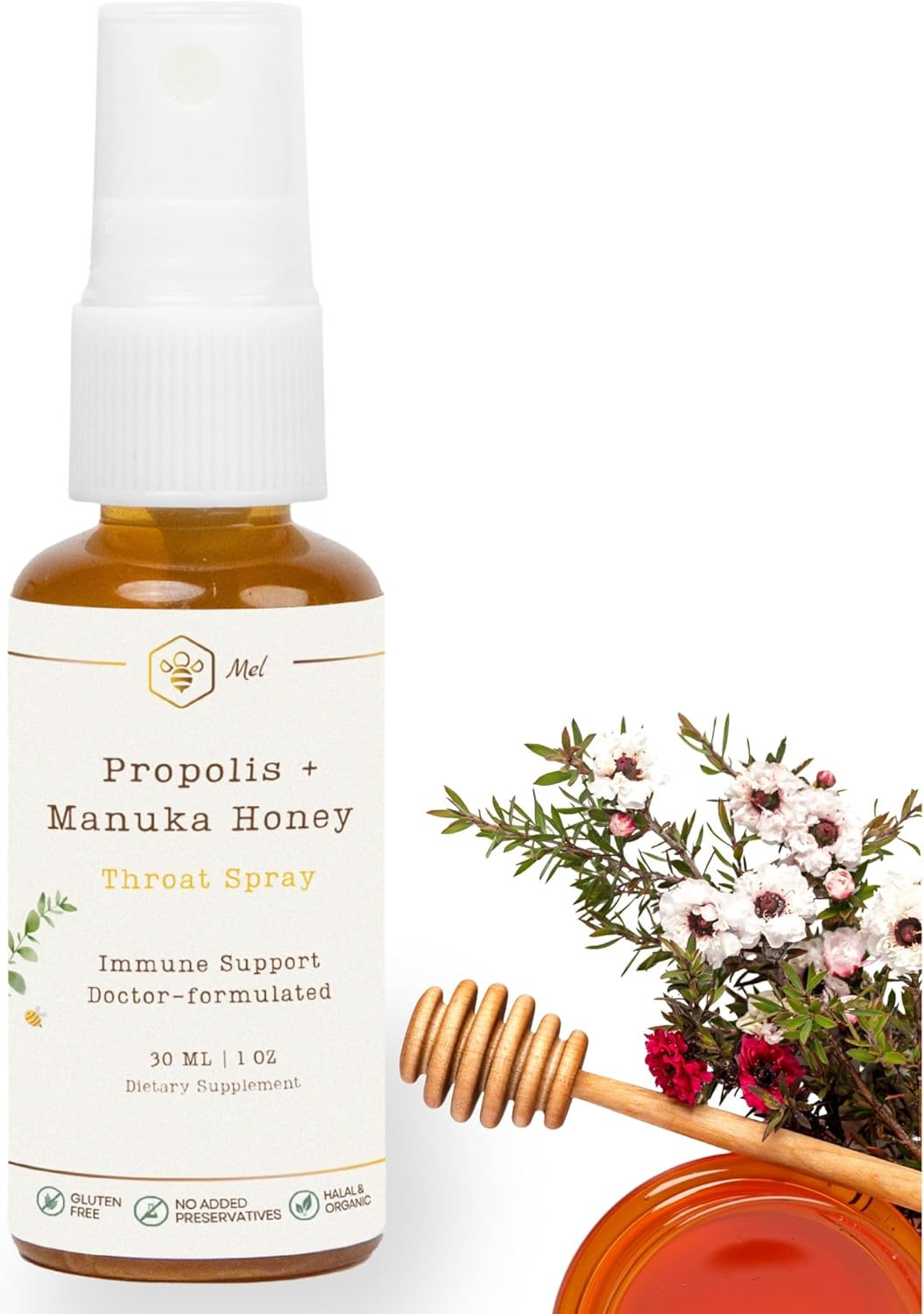 Mel Propolis and Manuka Honey Throat Spray with Lemon for Natural Immune Support & Sore Throat Relief 1 Fl Oz, Antioxidants, Keto, Paleo, Gluten-Free,