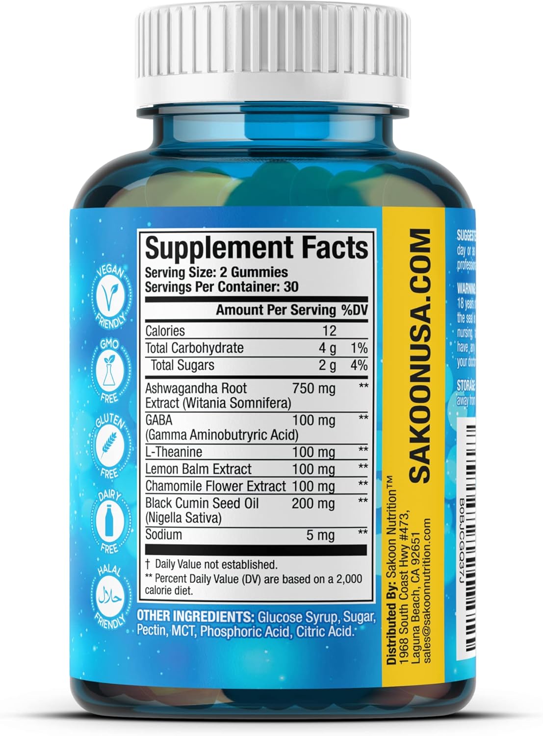 6-in-1 Stress Relief Gummies 60ct - Aids Relaxation with Ashwagandha, GABA, L-theanine, Lemon Balm, Chamomile, Black Cumin Seed Nigella Sativa. Improved Deep Sleep, Joint Support - 60 gummies
