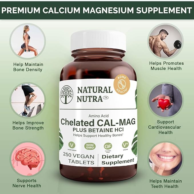 Natural Nutra Chelated Calcium Magnesium 1000/500 mg Supplements Plus Betaine HCL - Chelated Cal Mag Improves Bone Density, Supports Muscle, Teeth, Cardiovascular & Nerve Health, 250 Vegan Tablets