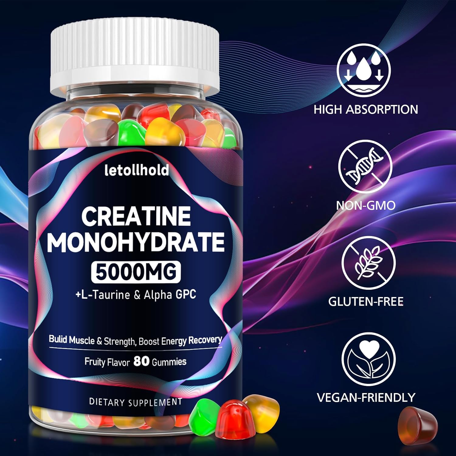 Creatine Monohydrate Gummies 5g for Women & Men - Creatine Gummies for Women Pre Workout Chewables with L-Taurine & Alpha GPC, Sugar-Free Muscle Builder, Vegan Non-GMO, Energy Boost(80 Count)