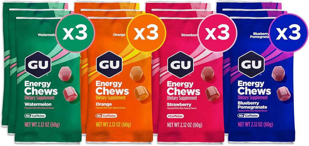 GU Energy Chews, Variety Pack Energy Gummies with Electrolytes, Vegan, Gluten-Free, Kosher, Caffeine/Caffeine-Free, and Dairy-Free On-The-Go Energy for Any Workout, 12 Bags (24 Servings Total)
