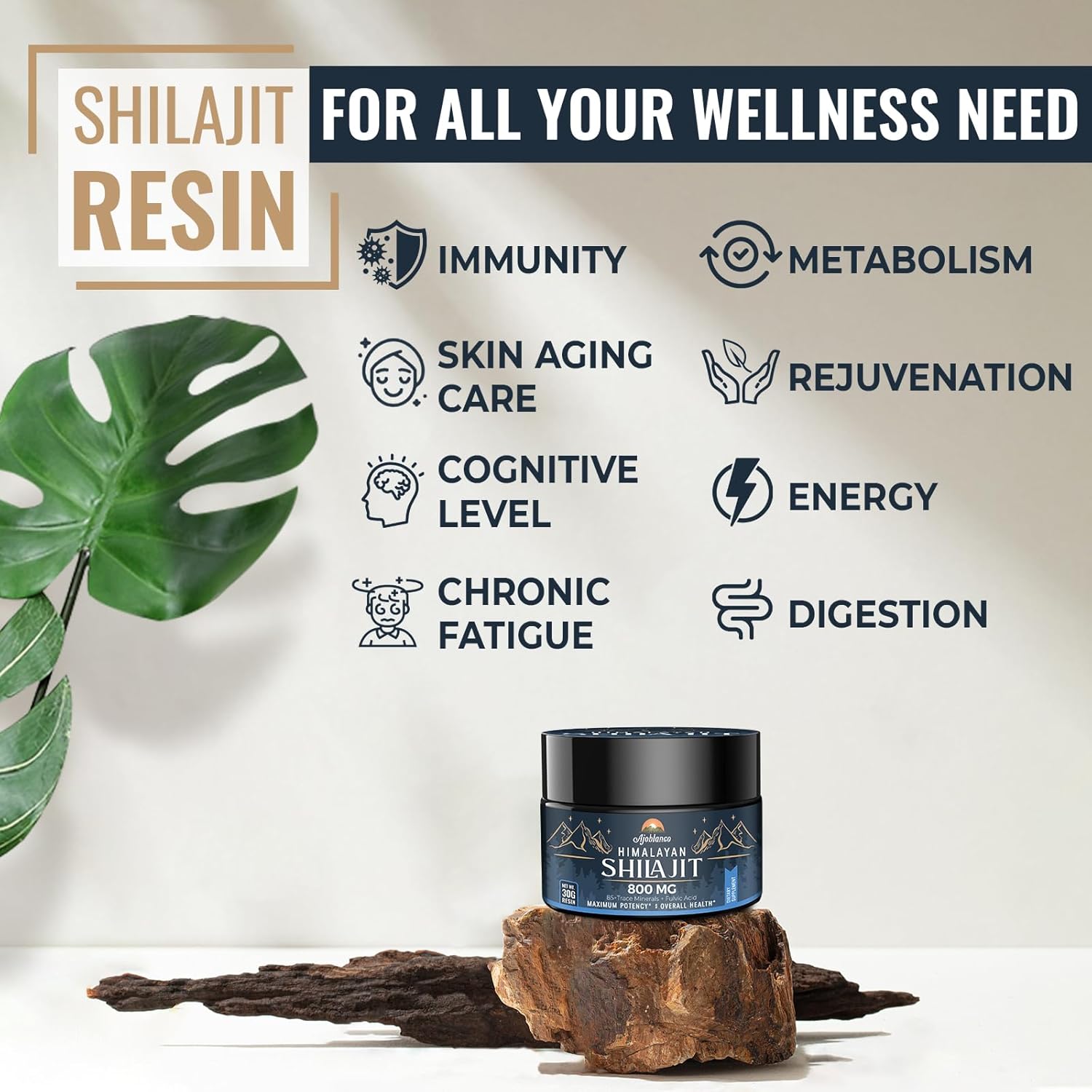 Ajoblanco 800 Mg Himalayan Shilajit Resin, Shilajit Pure Himalayan Organic, Shilajit Supplement with Purity, High Dosage & Potency for Energy, Strength & Immunity, Men & Women, 30 Grams