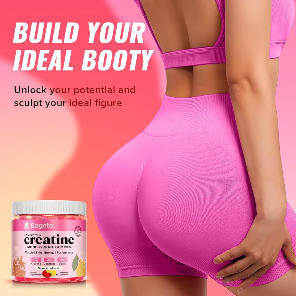 Creatine for Women, 120 Ct Sugar-Free Creatine Monohydrate Gummies with Collagen, BCAAs, Vitamin C & B12 for Muscles, Energy & Booty, Flavored Vegan Creatine Pre and Post Workout Supplements for Women