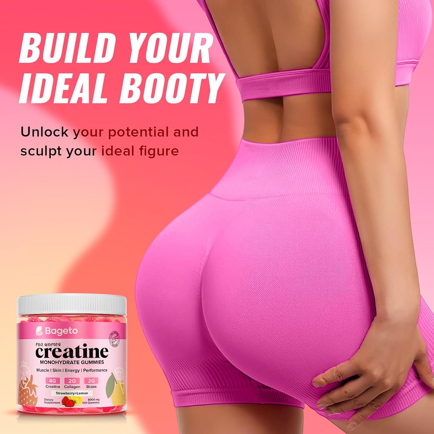 Creatine for Women, 120 Ct Sugar-Free Creatine Monohydrate Gummies with Collagen, BCAAs, Vitamin C & B12 for Muscles, Energy & Booty, Flavored Vegan Creatine Pre and Post Workout Supplements for Women