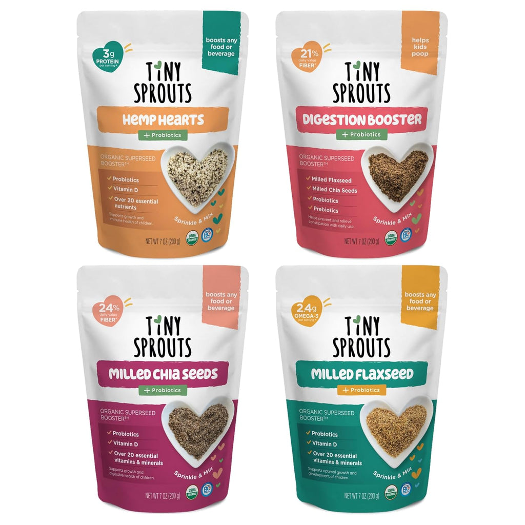 Superseed Variety Pack with Vitamin D + PROBIOTICS, Omega-3s Prebiotic Fiber Protein, Seeds for 6M+ Babies Toddlers & Kids for Immune & Digestive Support (7oz x 4 Pack - Flax, Chia, Hemp, Blend)
