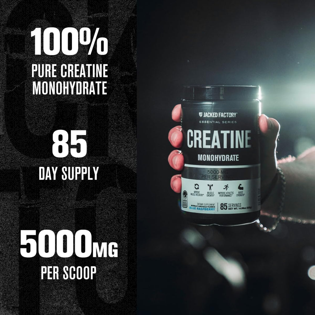 Jacked Factory Creatine Monohydrate Powder 425g - 5g Daily Creatine Supplement for Men and Women, Vegan-Friendly, Third-Party Tested - 85 Servings, Blue Raspberry