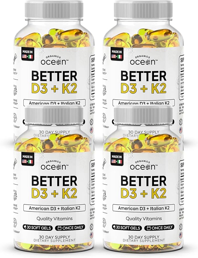 Organics Ocean Better D3 + K2-100% Organic VIT D3 and K2 Supplements with Maximum Bioavailability - Supports Bone Density, Calcium Balance, Immunity & Mood - 4-Pack, 120-Day Supply