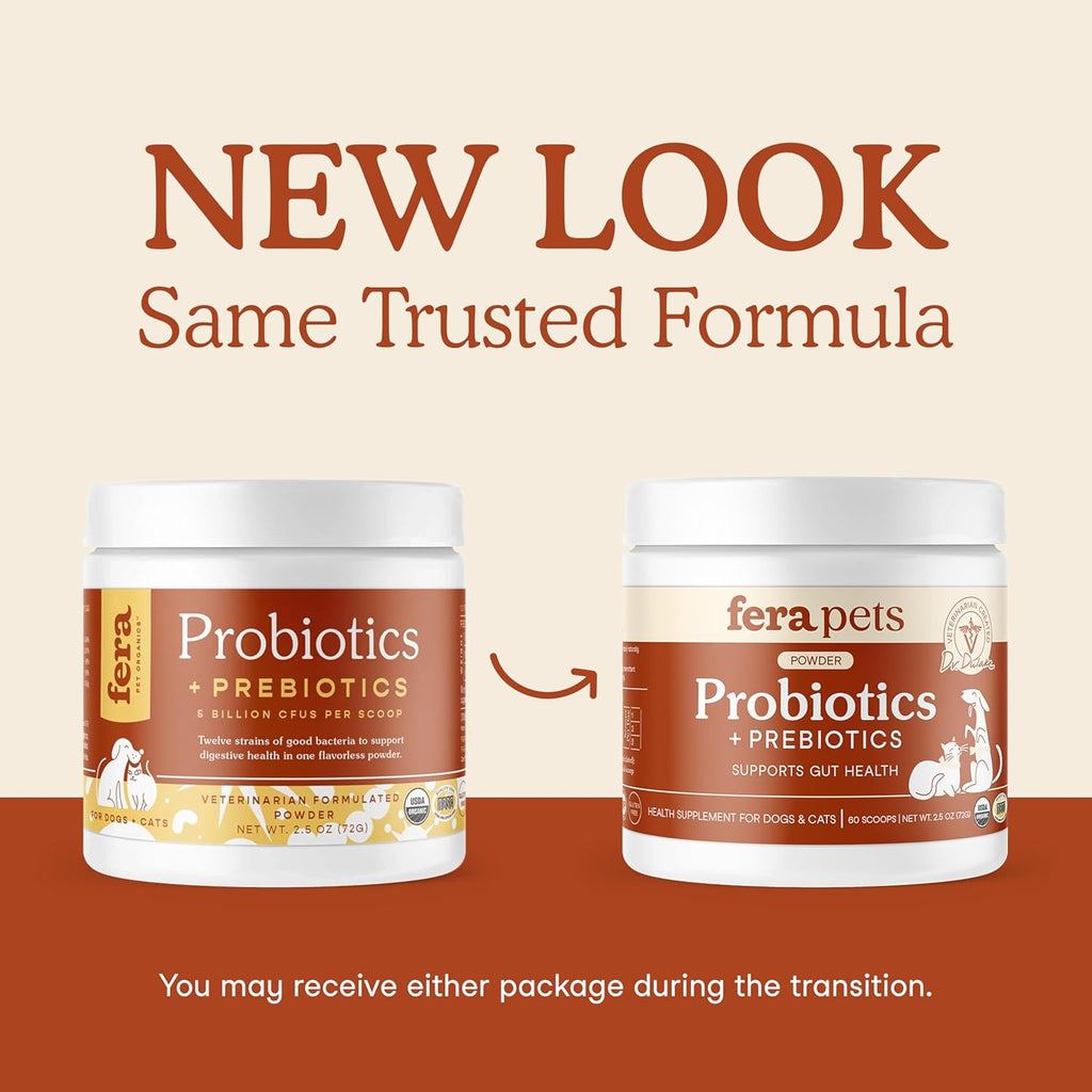 Fera Pets Probiotics for Dogs & Cats with Prebiotics - USDA Organic - Gut Health Powder Supplement with 12 Strains and 5 Billion CFUs - Supports Immunity, Energy and Skin & Coat - 60 Scoops