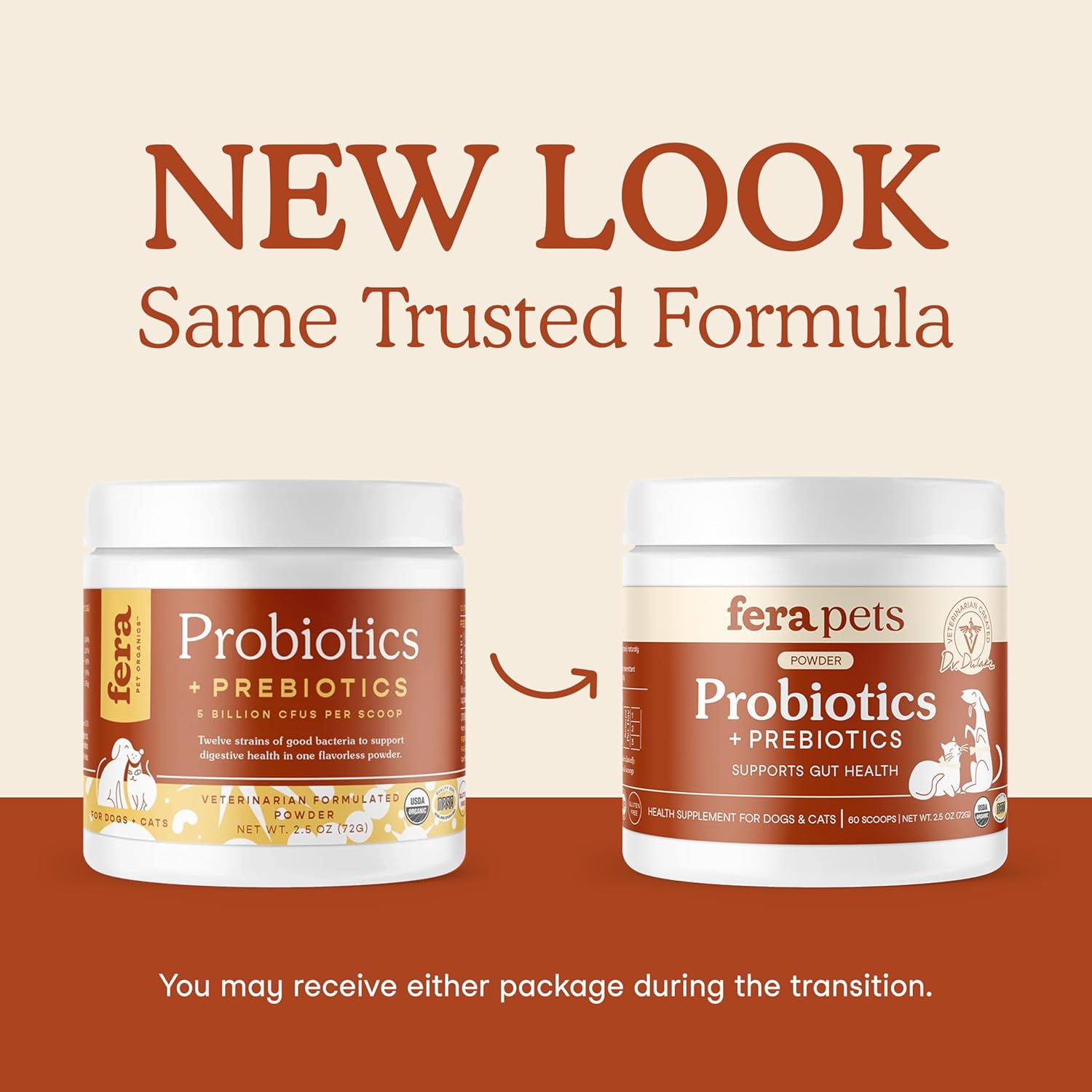 Fera Pets Probiotics for Dogs & Cats with Prebiotics - USDA Organic - Gut Health Powder Supplement with 12 Strains and 5 Billion CFUs - Supports Immunity, Energy and Skin & Coat - 60 Scoops