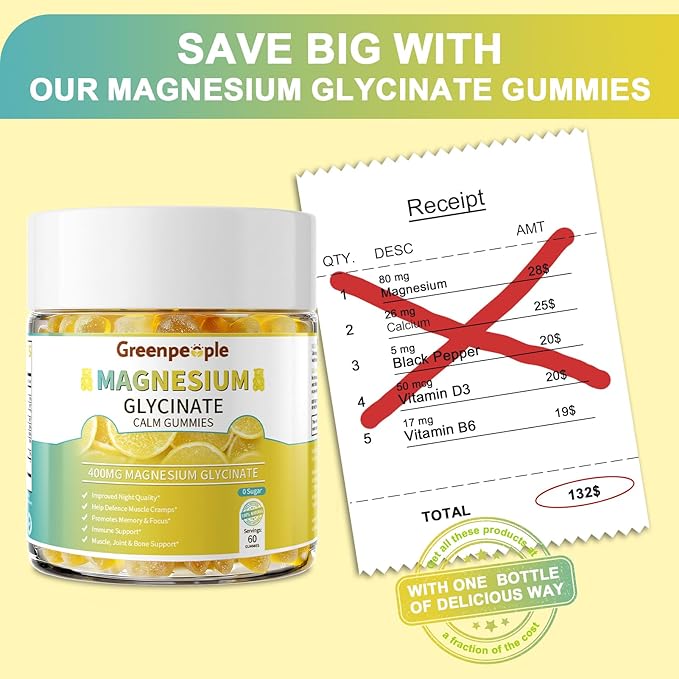 GREENPEOPLE Magnesium Glycinate Gummies 400mg - Sugar Free Magnesium Supplement with Magnesio Citrate, Vitamin D, and B6 for Calm Support & Sleep for Adults - High Absorption - Lemon Gummies