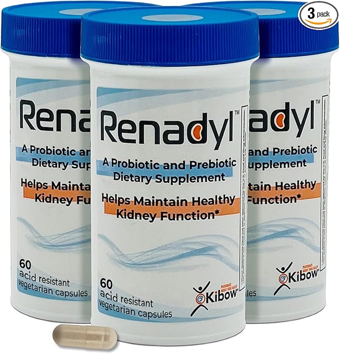Kibow Renadyl Kidney Probiotic Supplement | Urea, Creatinine, & Uric Acid Support | 45 Billion CFUs | Clinically Tested, Non-GMO, & Made in USA, 180 Capsules (3 Bottles, 3 Month Supply)