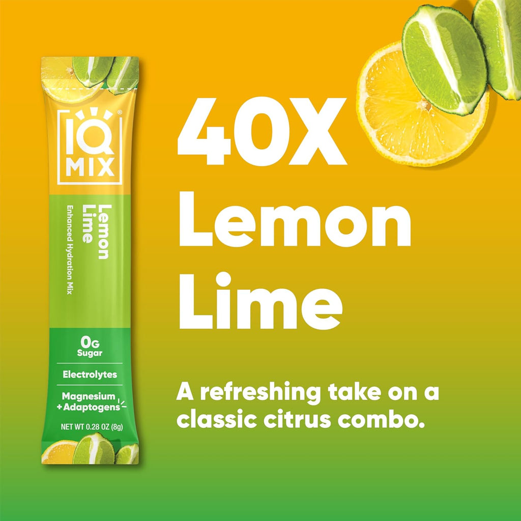 IQMIX Hydration Electrolyte Powder – 4-in-1 Formula for Hydration, Mental Clarity, Mood and Recovery – Sugar-Free Drink Mix, Keto, Magnesium L-Threonate, Lion’s Mane – 40 Count Lemon Lime