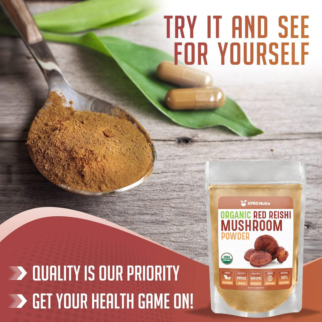XPRS Nutra Organic Red Reishi Mushroom Powder - Premium Reishi Powder for Cognition - Vegan Reishi Mushrooms for Longevity and Energy (8 Ounce)