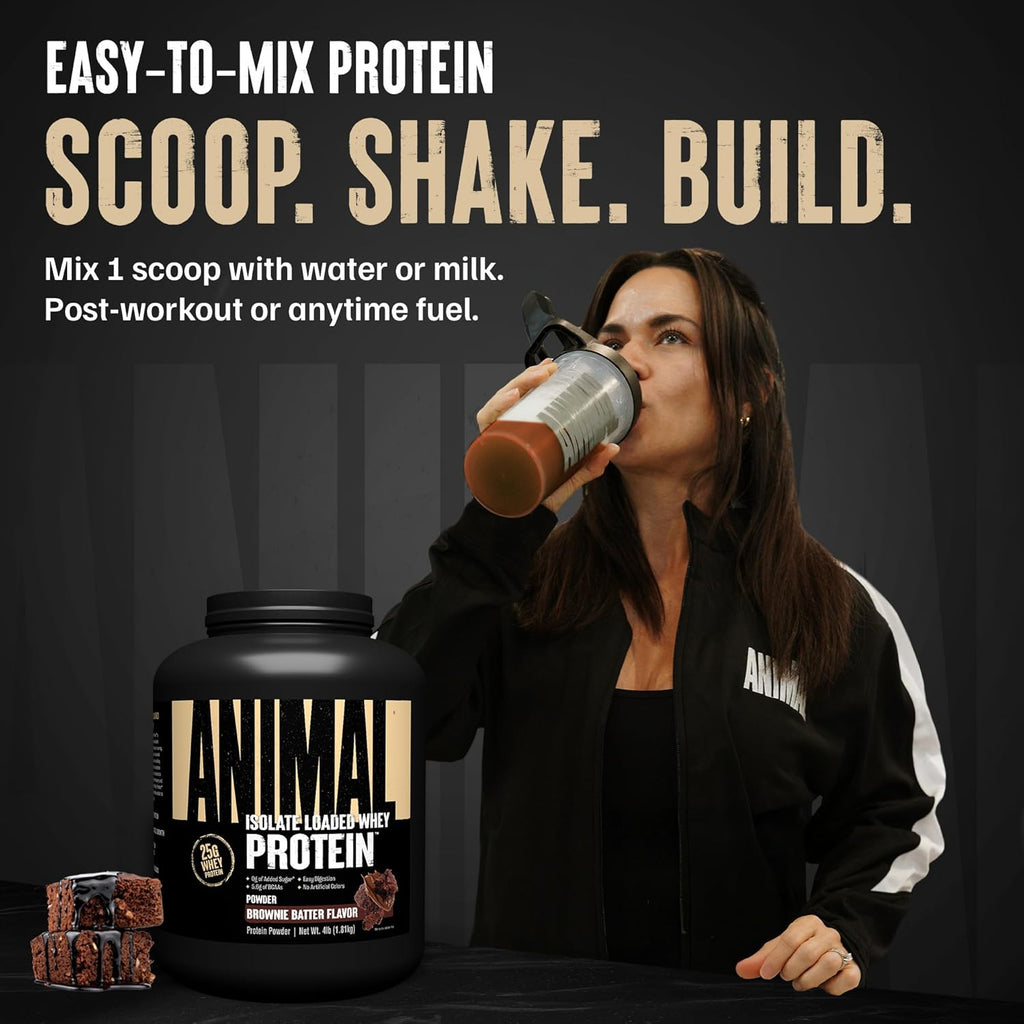 Animal Whey Isolate Protein Powder - Loaded for Pre & Post Workout Muscle Builder and Recovery with Digestive Enzymes for Men & Women - 25g Protein, Great Taste, Low Sugar - Brownie Batter 4 lbs