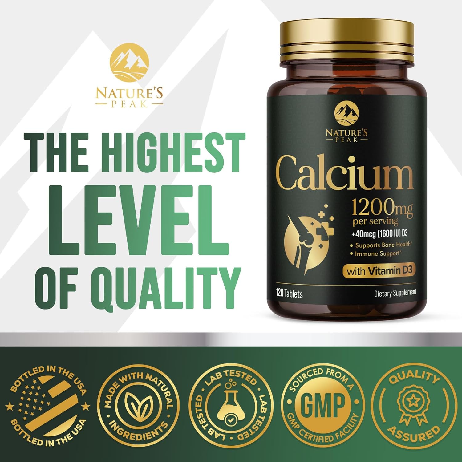 Calcium 1200 mg with Vitamin D3 (1600 IU), Calcium Supplement Vitamins, Bone, Teeth & Immune Health Support, Calcium Supplements with D for Women & Men, Nature's Absorbable Carbonate - 120 Tablets
