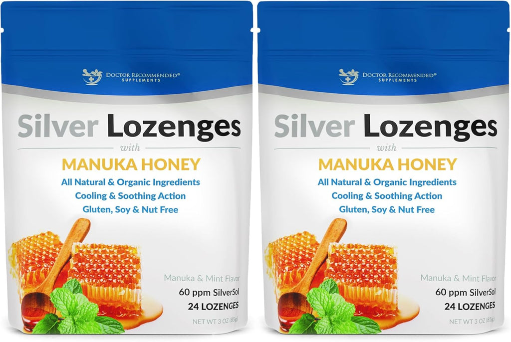 Silver Lozenges with Organic Manuka Honey and Vitamin C - All-Natural Nano Silver 45-50mcg of 60 PPM Colloidal Silver Mineral Drops to Support Immune System, Soothe, Cool Cough & Throat, 48-Lozenges