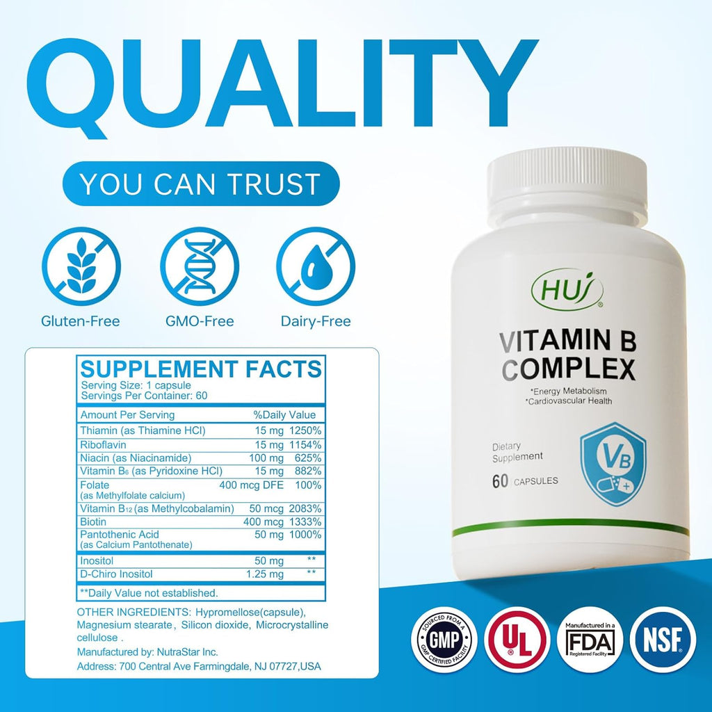 HUJ Vitamin B Complex - B Vitamins Supplement to Support Energy Metabolism, Cardiovascular Health - 60 Capsules