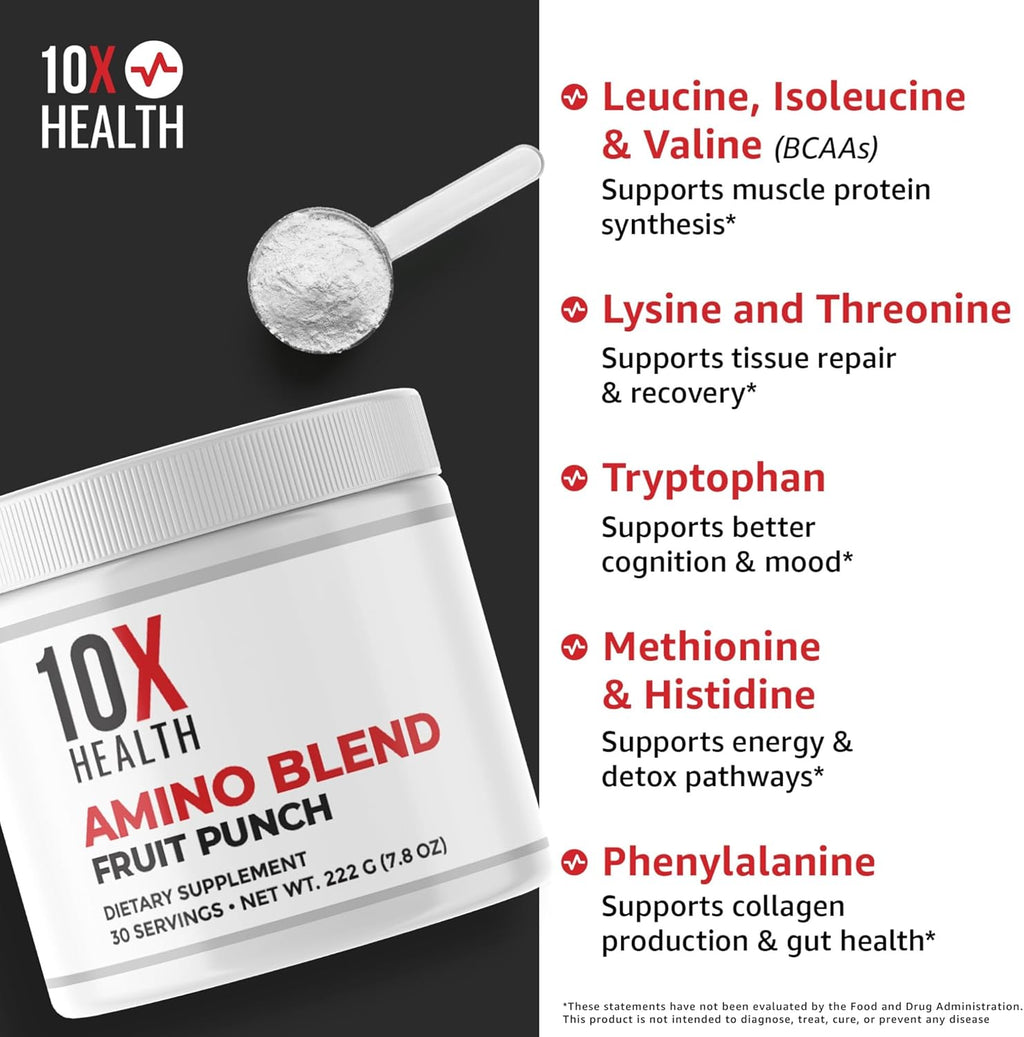 10X Health Amino Acids - 30 Servings of EAA & BCAA Powder, Pre Workout BCAA with Essential Amino Acids Supplement - BCAAs & EAAs for Longevity, Muscle Support, Strength, Energy - Fruit Punch