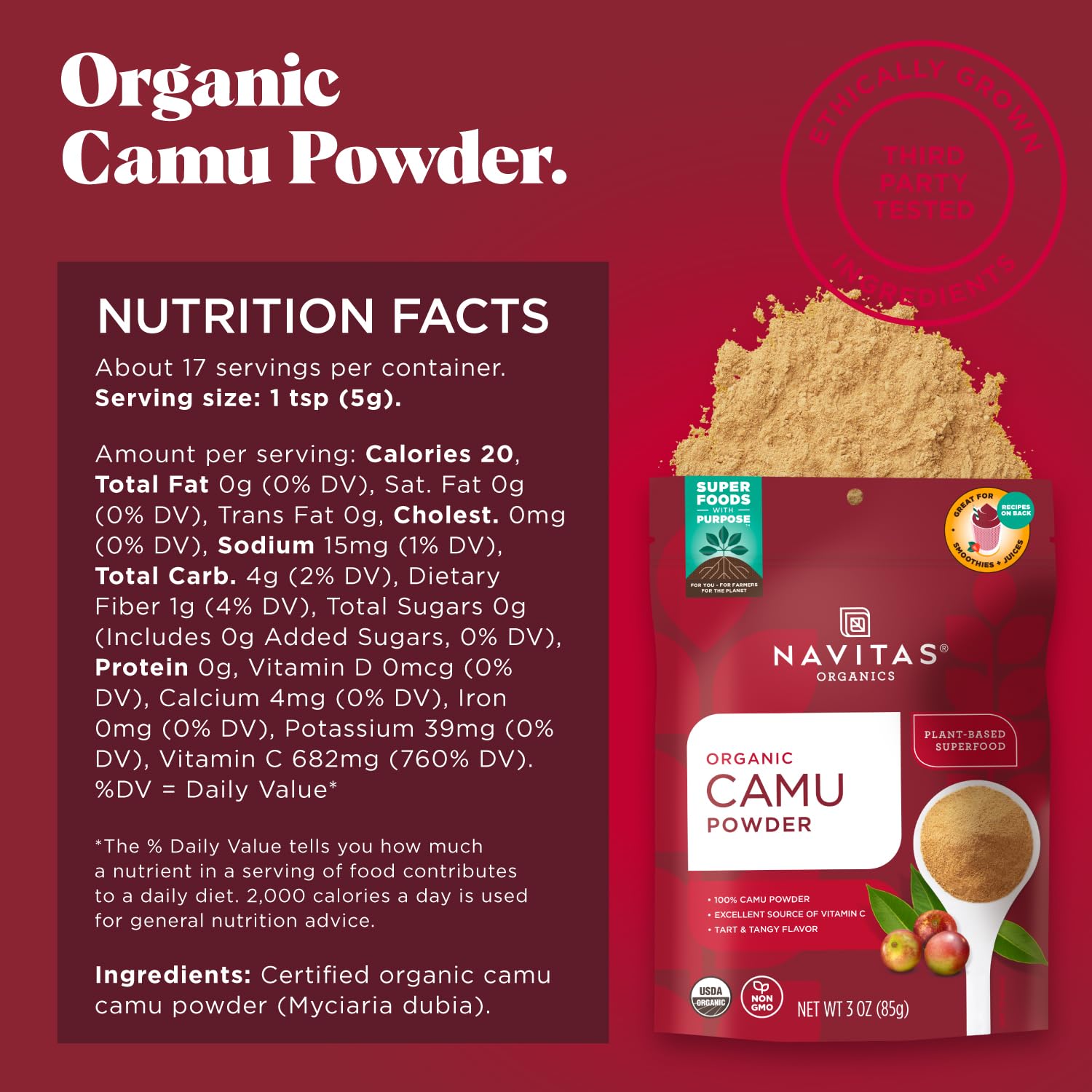 Navitas Organics Camu Powder – For Smoothies, Juices, Wellness Shots & More – Vitamin C, Antioxidants – Immune Support – USDA Organic, Non GMO, Kosher Gluten Free, Vegan (4oz. Bag, 4 Servings)