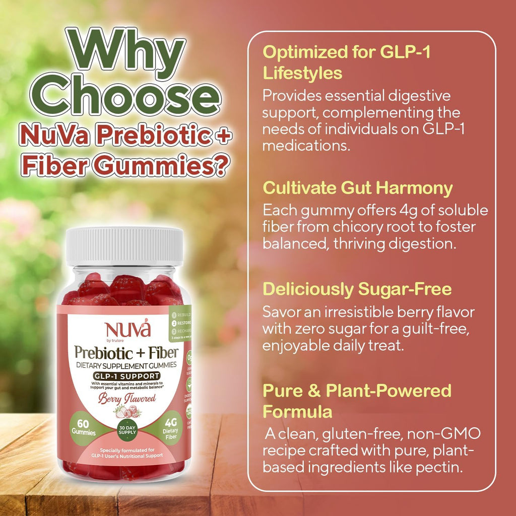 NuVa by Trulore Prebiotic + Fiber Gummies | GLP-1 User Nutritional Support | Sugar Free Fiber Gummies for Adults | Berry Flavor | Non-GMO Digestive Balance for Men & Women | 60 Gummies - 30 day Supply