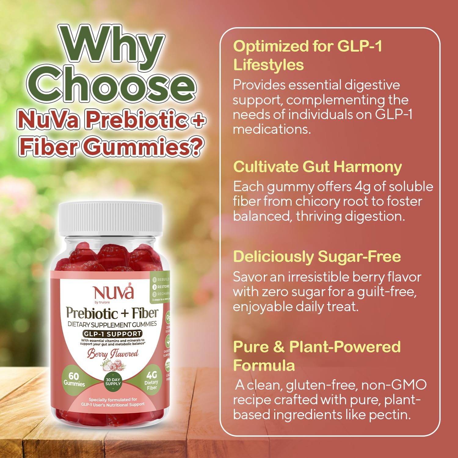 NuVa by Trulore Prebiotic + Fiber Gummies | GLP-1 User Nutritional Support | Sugar Free Fiber Gummies for Adults | Berry Flavor | Non-GMO Digestive Balance for Men & Women | 60 Gummies - 30 day Supply
