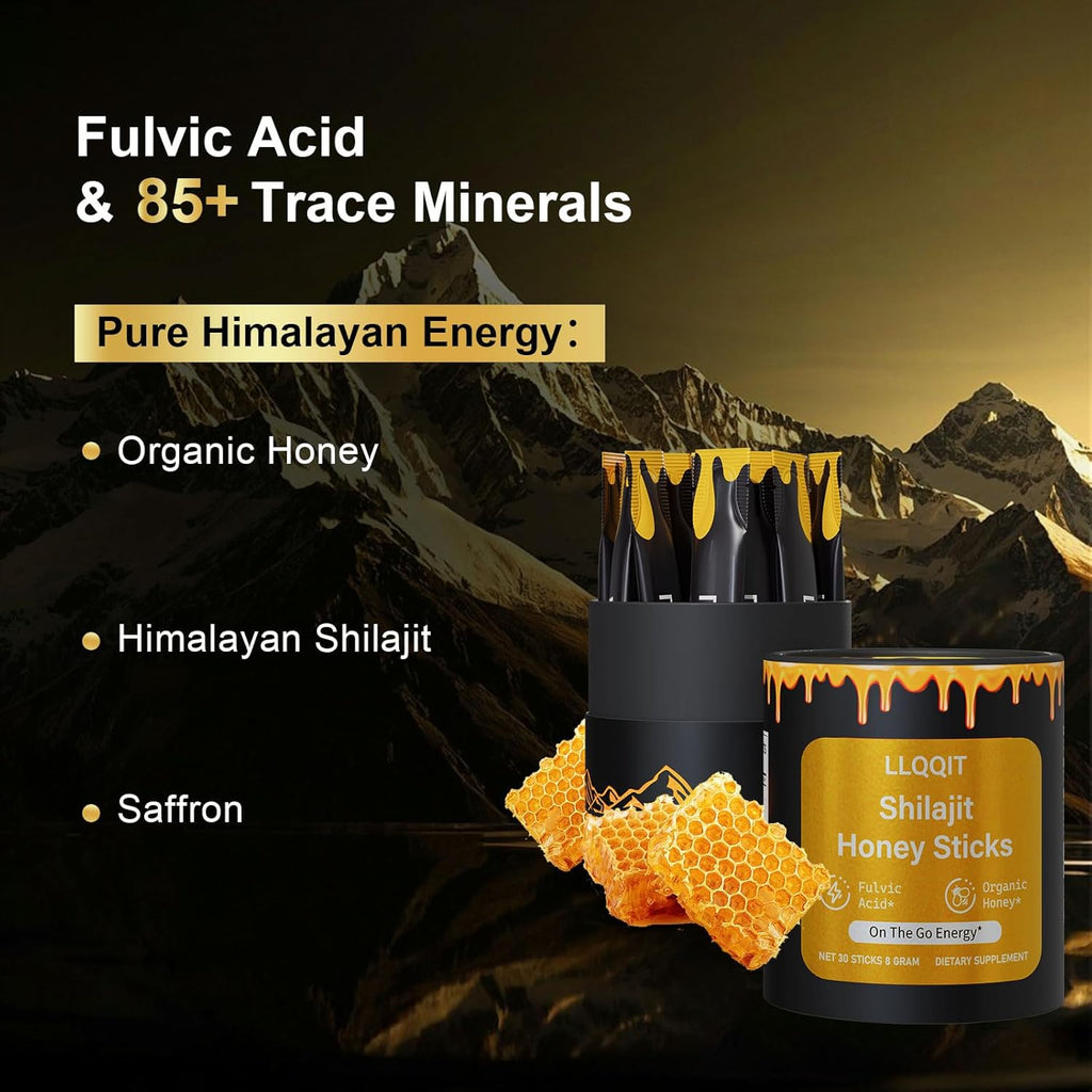 Pure of Himalayan of Shilajit of Honey Sticks with Organic & Saffron, 85+ Trace Minerals, 75%+ Fulvic Acid, 30 Count | Natural Energy & Immunity Booster | Easy Single-Use Packets