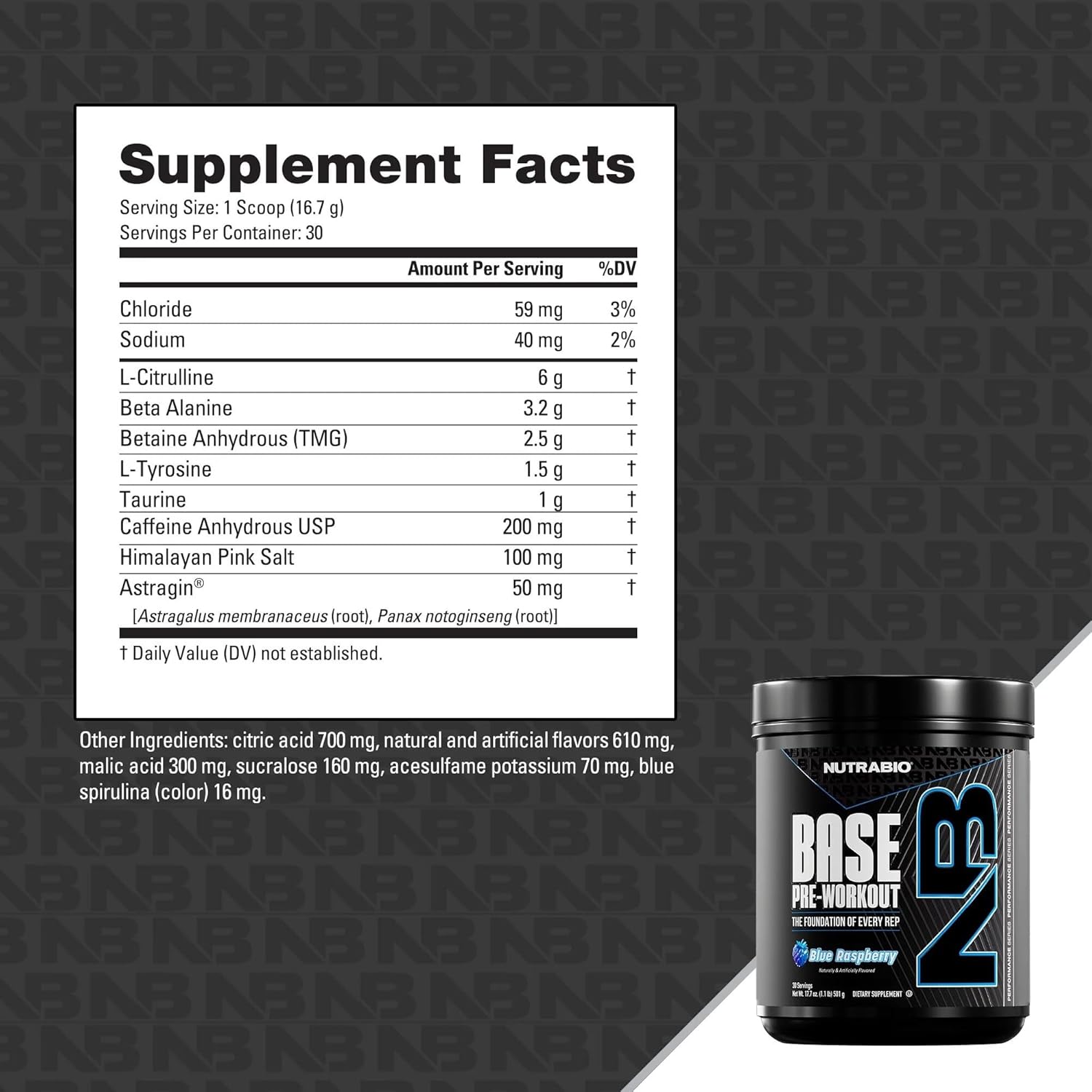 NutraBio Base Pre-Workout Powder 200mg Caffeine, Sustained Energy, Focus, Endurance, Pump, Sugar Free, Clean Preworkout for Men and Women - Beta Alanine, L-Tyrosine, 30 Servings - Blue Raspberry