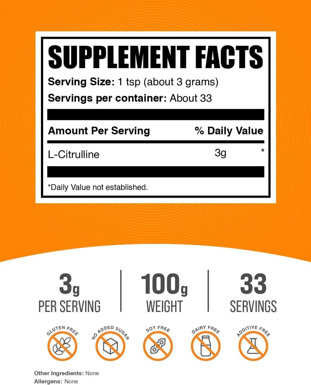 BulkSupplements.com L-Citrulline Powder - Citrulline Supplement, Nitric Oxide Supplement - Unflavored & Gluten Free - 3g per Servings, 100g (3.5 oz) (Pack of 1)