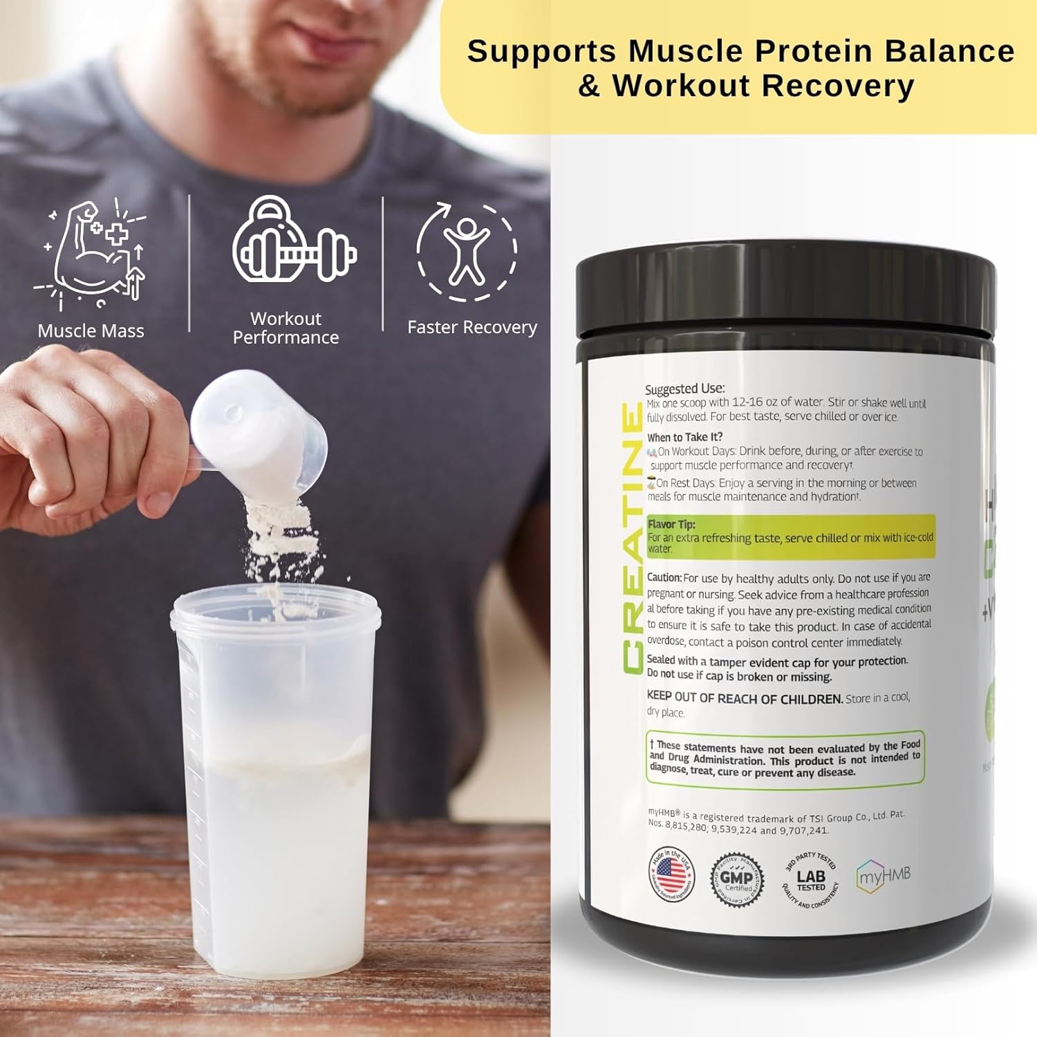 HMB Creatine Leucine Powder - 5g Creatine Monohydrate, 3g HMB Supplement, 3g L-Leucine - Vitamin D3, Vegan Lemonade Flavor, Muscle & Strength Support - 30 Servings