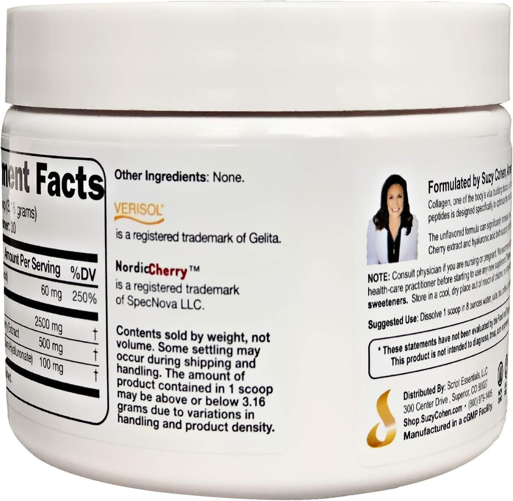 Collagen Beauty Powder™ By Suzy Cohen (3.3 oz) Anti Aging Hydrolyzed Protein Collagen Powder Type I and III for Supple Skin, Shiny Hair & Strong Nails- Unflavored Powder Drink with Verisol- Made in US