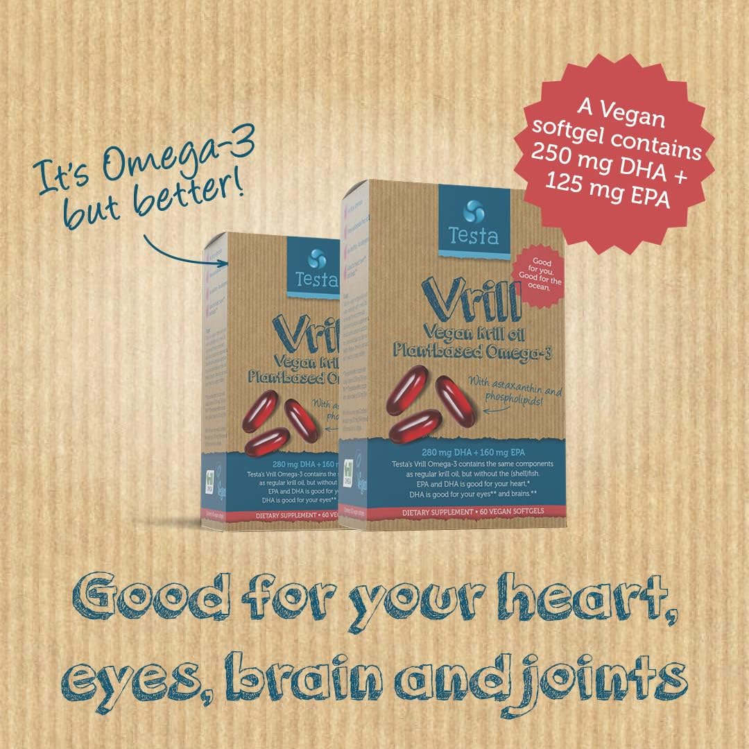 Testa Omega 3 Vegan Krill Supplement-1000mg Softgels, 2 Times More Omega-3, DHA, EPA, Astaxanthin, Phospholipids - Heart, Brain, Eye, Joint Support - Not from Fish, Algae Source - 60 Softgels