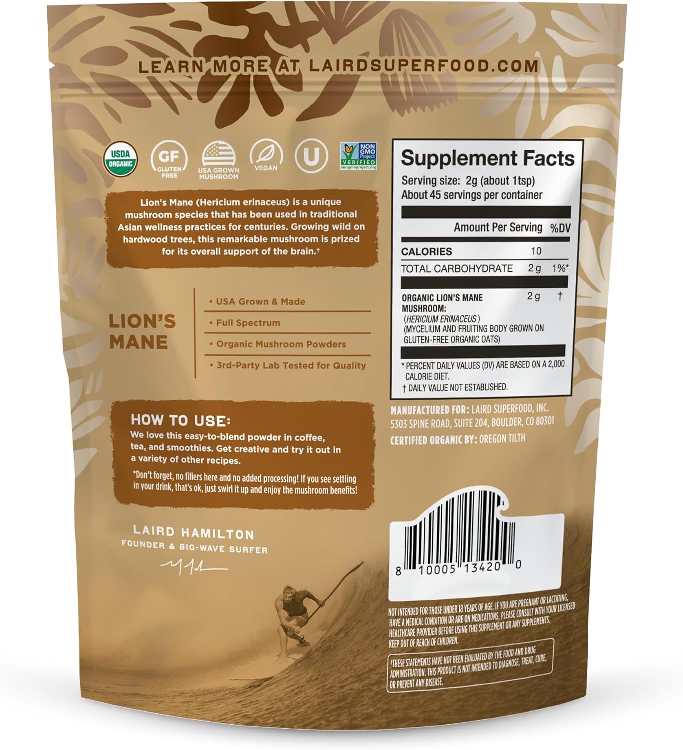 Laird Superfood Organic Lions Mane Mushroom Powder for Cognitive Function and Immune Support, 3.17 oz. Bag, Pack of 1