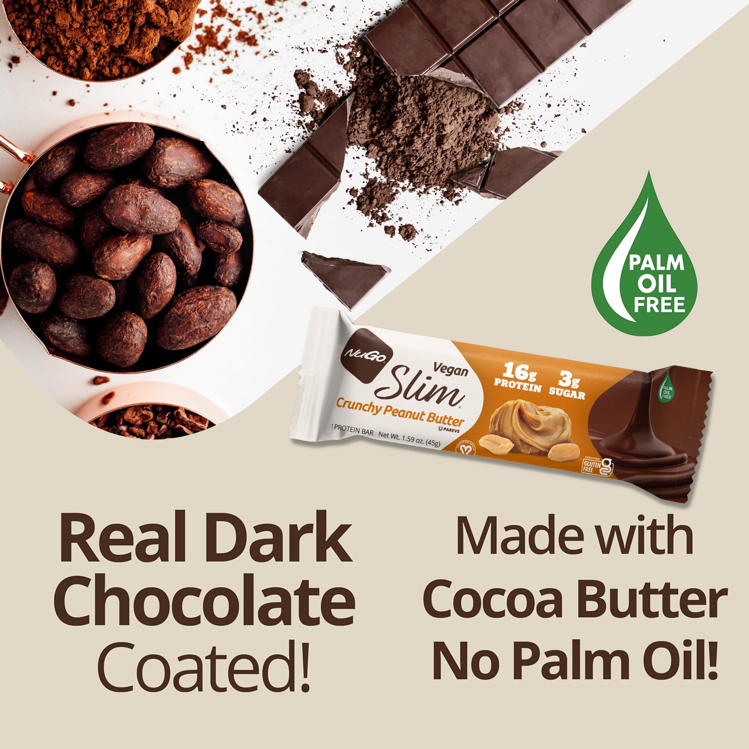 Nugo Slim Dark Chocolate Crunchy Peanut Butter, 16g Vegan Protein, 3g Sugar, 7g Fiber, Low Net Carb, Keto Friendly, Gluten Free, 24 Count