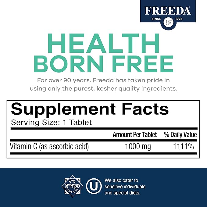 FREEDA Vitamin C - Timed Release 1000mg – Slow-Release for All-Day Immune & Antioxidant Support, Gentle on Stomach, Kosher & Vegan, High-Absorption Tablets (250 Tablets)