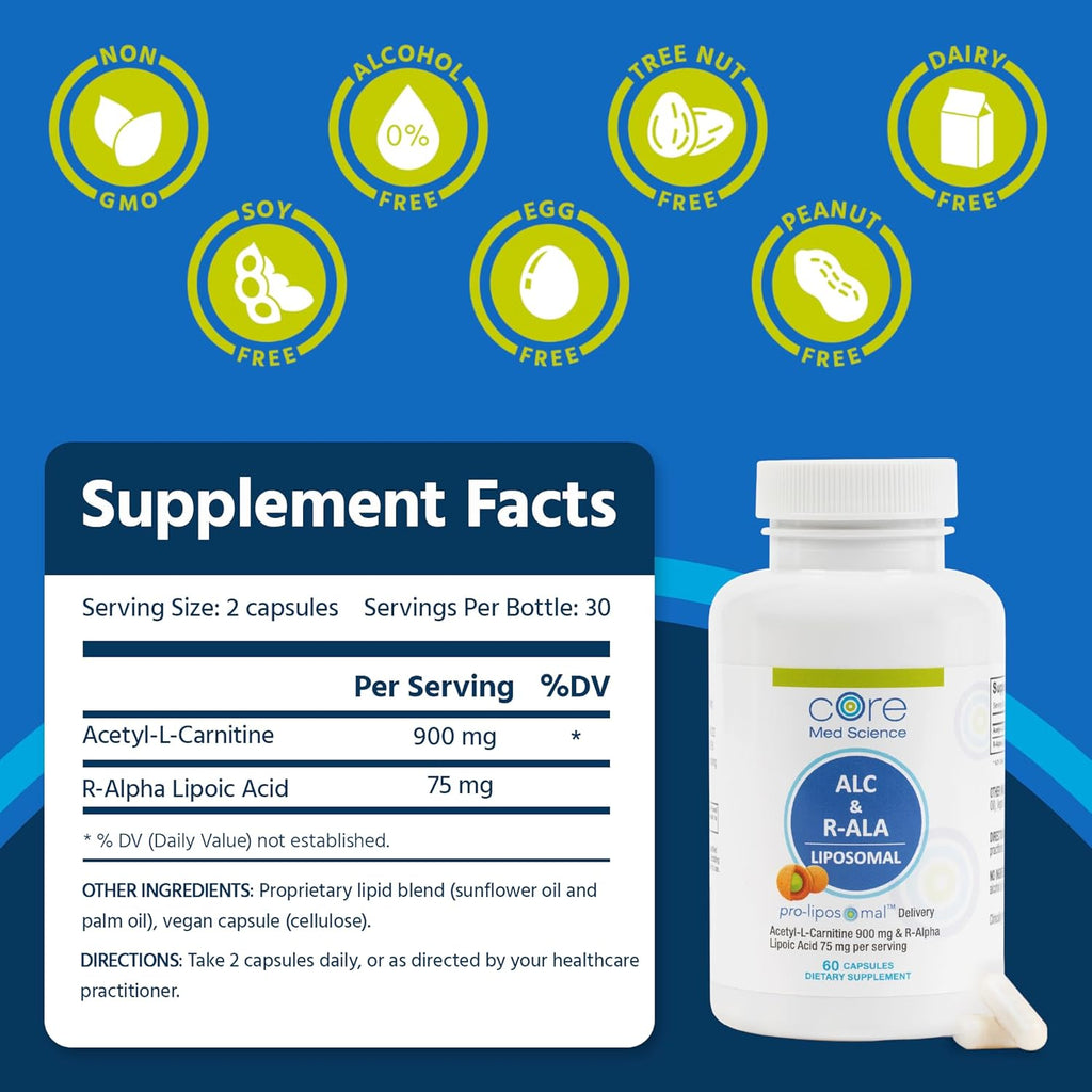 Core Med Science Liposomal ALC & R-ALA Supplement Capsules - Acetyl-L-Carnitine (900mg) & R-Alpha Lipoic Acid (75mg) - Promotes Energy & Focus - Supports Mental Function & Memory Cognition (60 Count)
