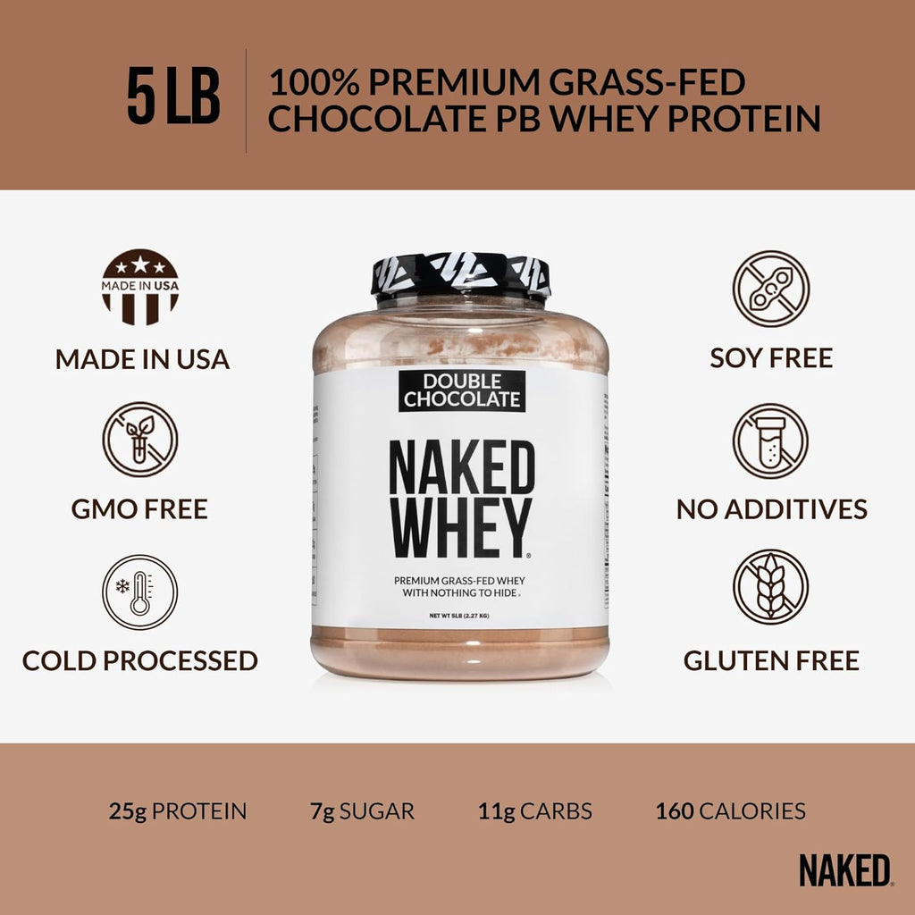 NAKED Whey Double Chocolate Grass Fed Whey Protein Powder, No GMO, No Soy, and Gluten Free. Nothing Artificial, Aid Growth and Recovery - 53 Servings
