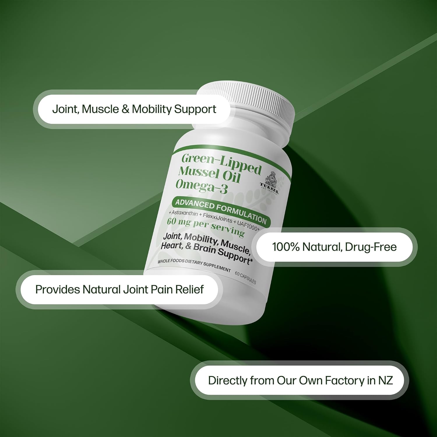 TURNER New Zealand Green Lipped Omega-3 Mussel Oil, 53x Higher Potency with UAF1000+ Super Antioxidant for Superior Joint Comfort & Mobility, No Fishy Aftertaste, 2 Bottles, 120 Softgels