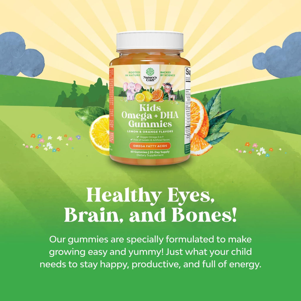 Kids DHA Omega 3 Gummies - Fatty Acids Omega 3 6 9 for Brain, Immune Strength & Vision - Nutritional DHA for Kids for Healthy Nervous System & Focus Support - Fish Free, Vegan & Non-GMO - 60 Chews