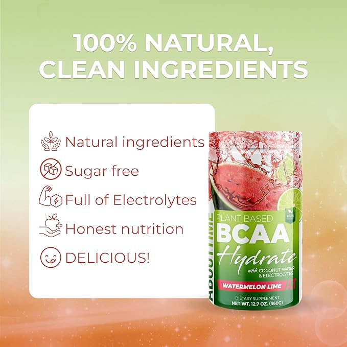 About Time BCAA Hydration Powder Watermelon Lime, with L-Glutamine & Electrolytes, Non-GMO, Gluten Free, Monk Fruit, Coconut Water, 20 Servings