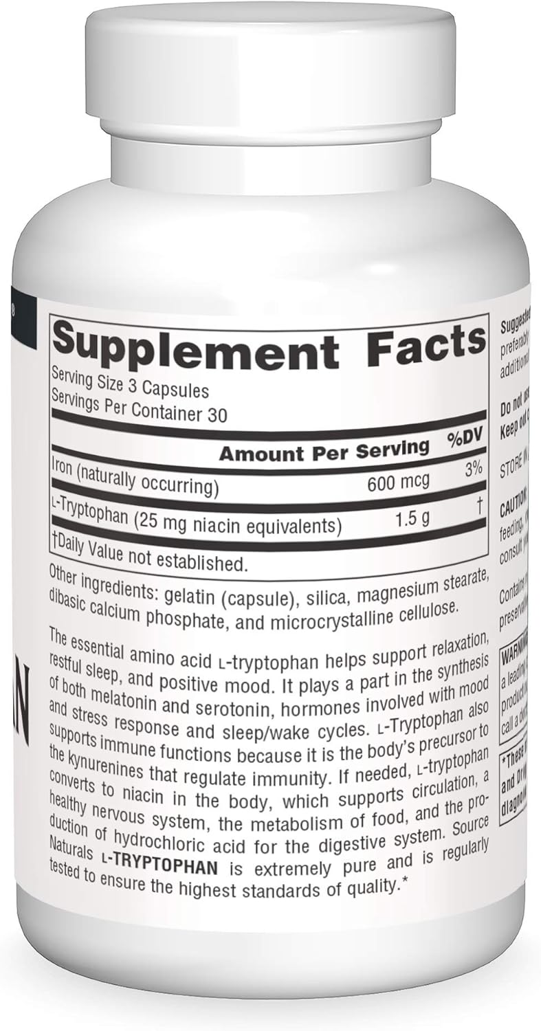 Source Naturals L-Tryptophan, for Mood, Relaxation, and Sleep*, 500mg - 90 Capsules