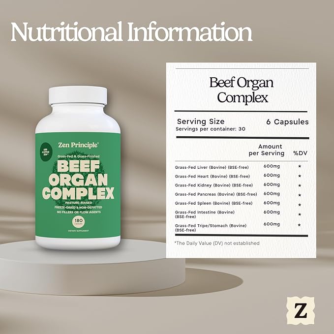 Zen Principle Grass Fed Beef Organs Supplement – Desiccated Liver, Heart, Kidney, Pancreas, Spleen, Intestine & Tripe/Stomach – Grass-Fed & Grass-Finished on The Natural Pastures of New Zealand