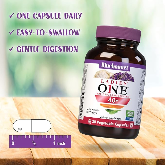 Bluebonnet Nutrition Ladies’ ONE 40+ Whole Food-Bed Multiple, Women Multivitamin for Women 40+, Soy-Free, Non-GMO, Gluten Free, 60 Vegetable Capsules, 60 Servings