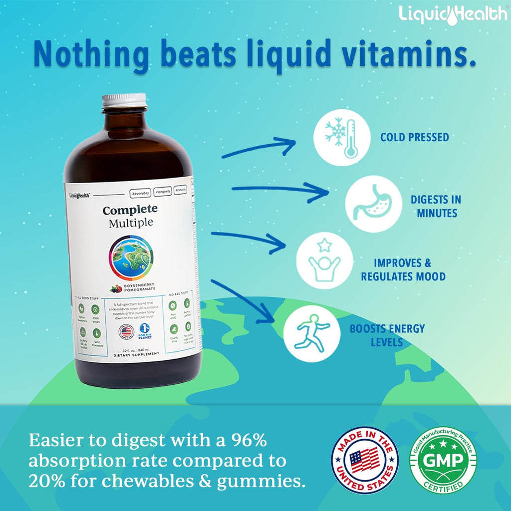 LIQUIDHEALTH Complete Multiple Adult Liquid Multivitamin - Essential Vitamins, Minerals & Nutrients, Immune Support, Gut Health, Energy, Detox - Made in USA, Vegan, Non-GMO, Sugar-Free (3 Pack)