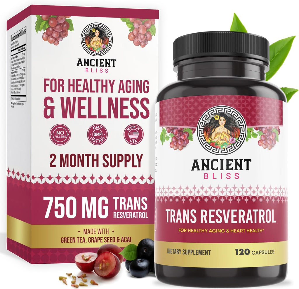 Ancient Bliss Resveratrol Powerful Antioxidant Supplement with Green Tea, Grape Seed Extract for Healthy Aging for Men & Women