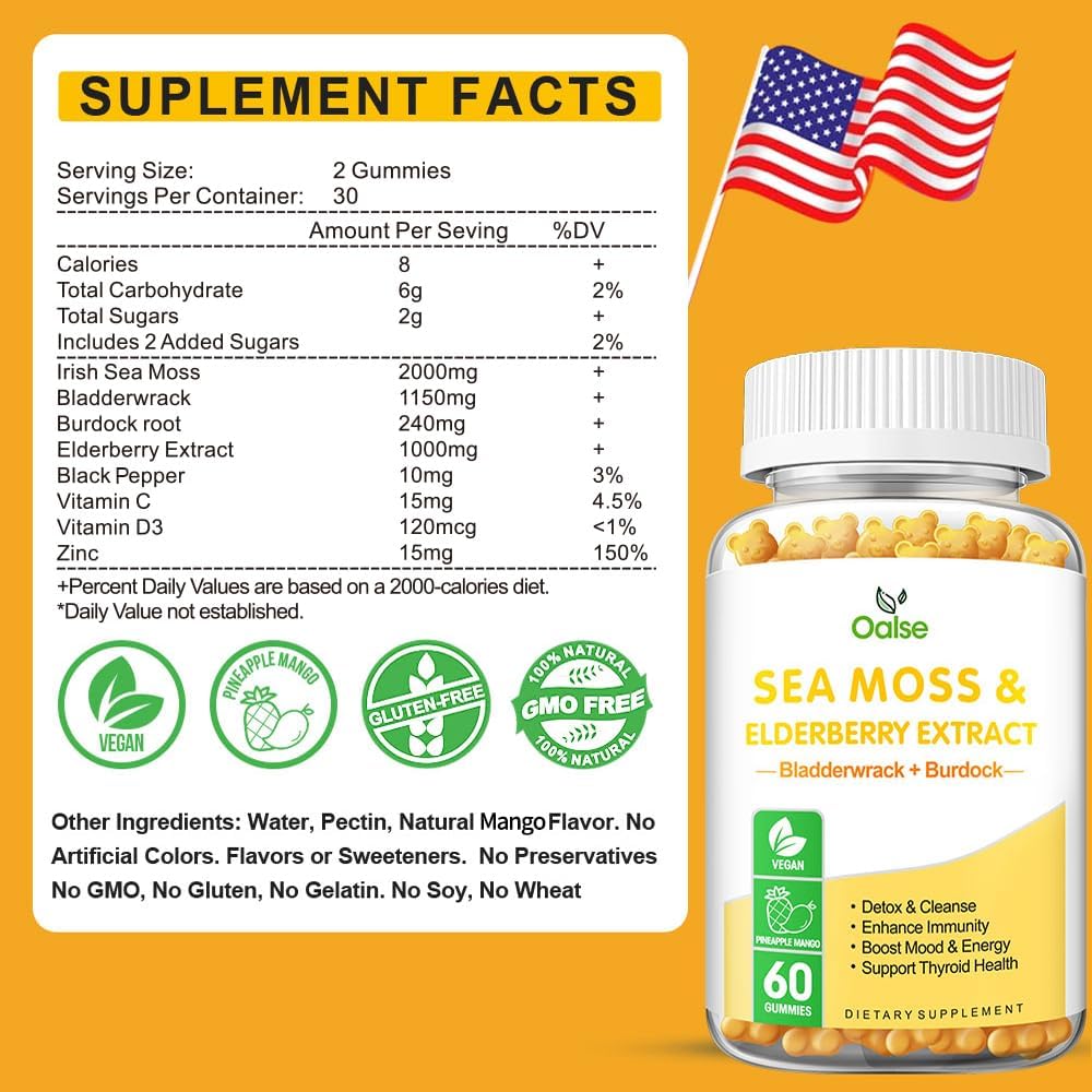 Sea Moss Gummies for Adults and Kids, 2000mg Raw Seamoss, Bladderwrack, Burdock Root, Elderberry, Pepper, Vitamin C & D3, Zinc Supports Immune System & Boost Energy (2-Pack)
