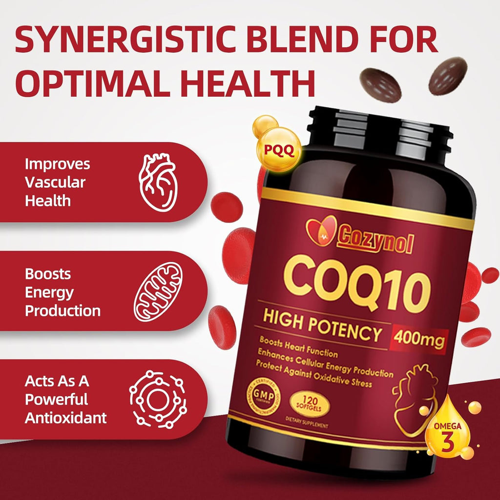 CoQ10-400mg-Softgels with PQQ & Omega 3, Maximum Absorption Coenzyme Q10, Powerful Antioxidant for Heart Health & Energy Production, 120 Count, Non-GMO